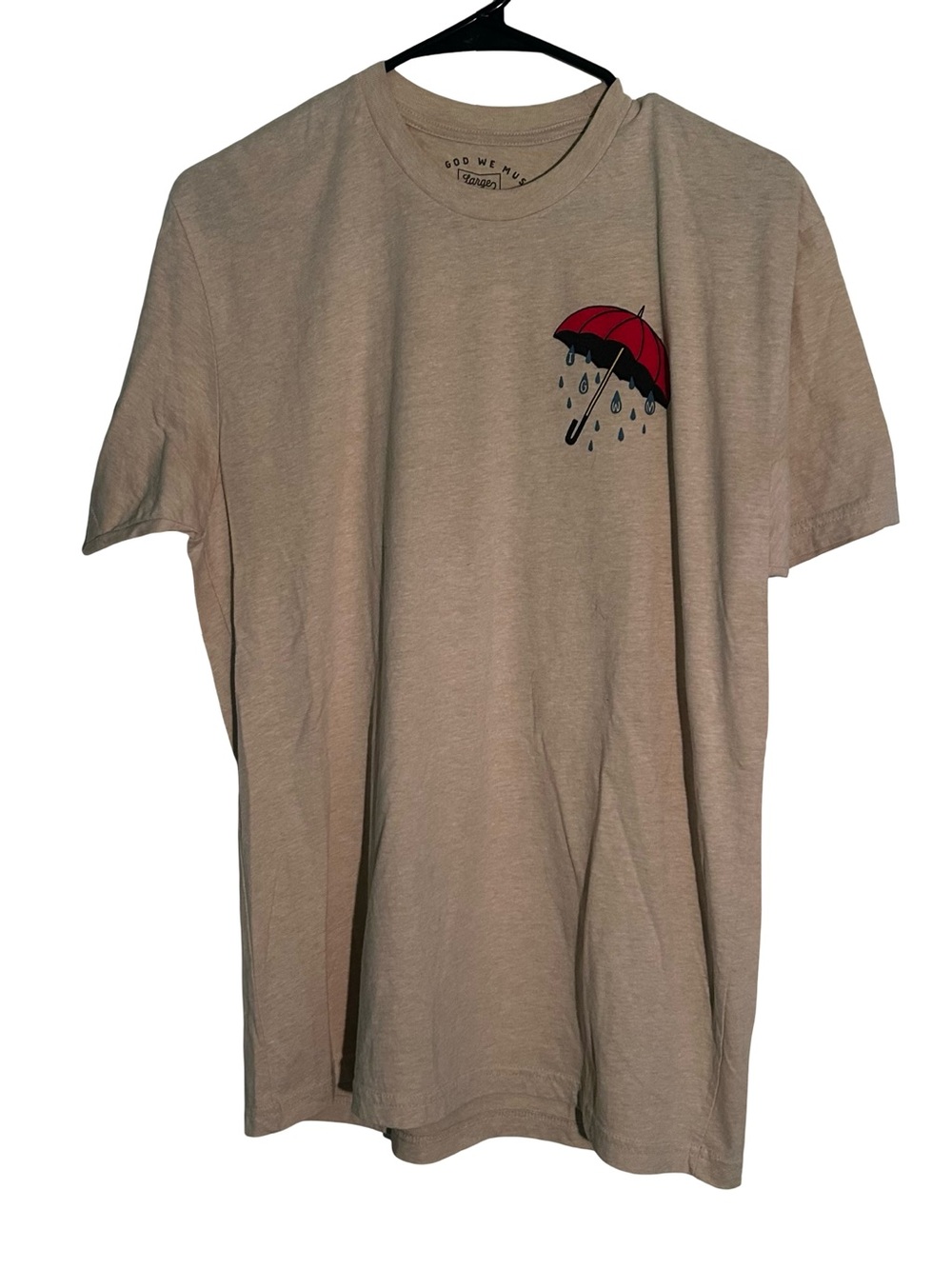 Men's Beige Short Sleeve Tee with Red Umbrella Graphic